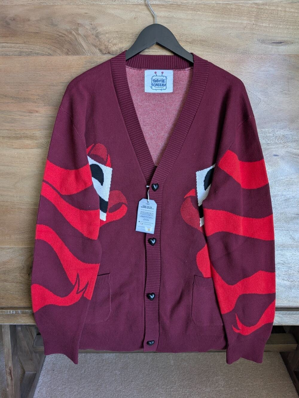 NWT Subtle Screenz Stage Face Sweater Burgundy Ribbon-Graphic Button Front